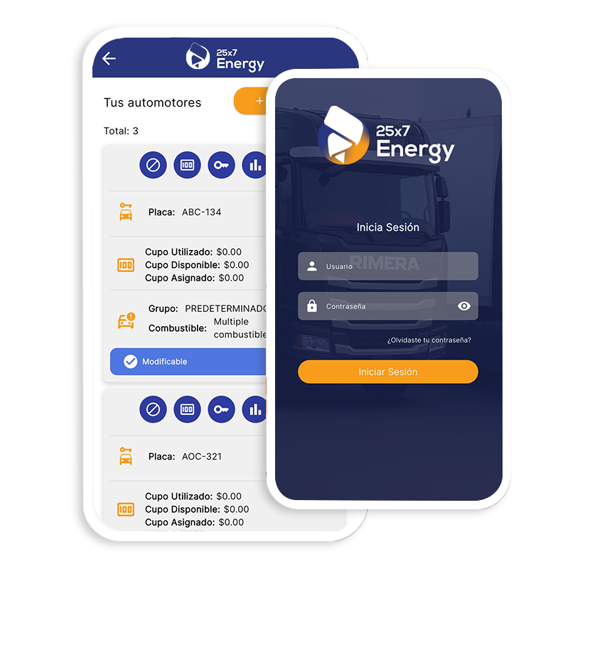 Inicio de sesion Dos pantallas de la app para flotas Colombia. La primera, en primer plano, es la página de inicio de sesión. La segunda, en el fondo, muestra un dashboard con el listado de vehículos, información de combustible y detalles de 'Cupo Utilizado' y 'Cupo Disponible', ilustrando la gestión de flotas y la administración financiera.