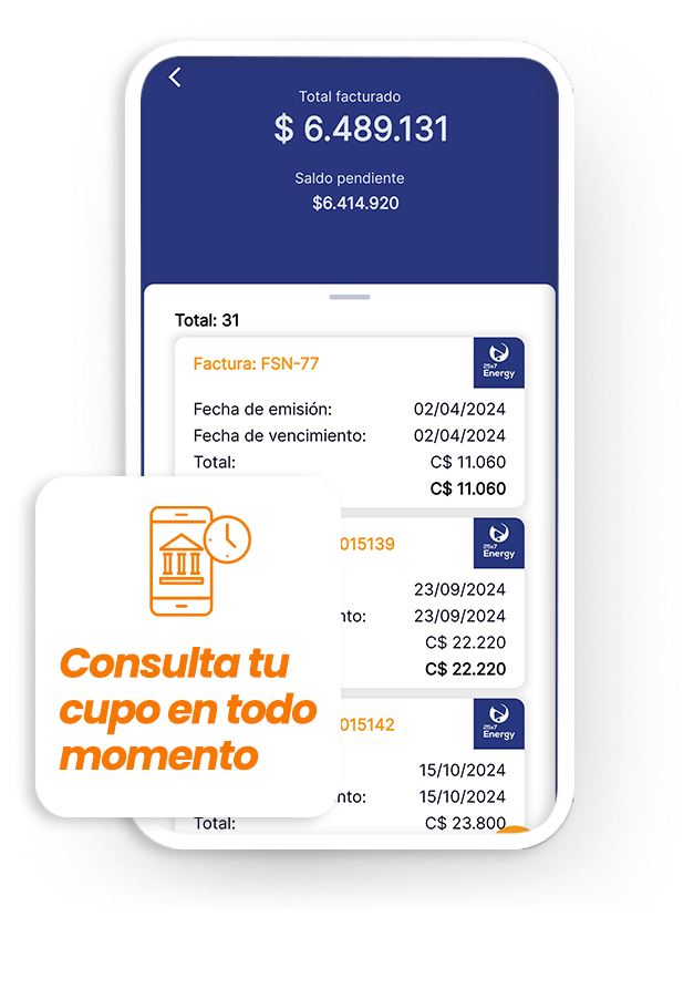 Consulta Cupo Pantalla de app móvil mostrando el resumen financiero de una flota: total facturado, saldo pendiente y listado de facturas. Incluye icono de banco y reloj con el texto 'Consulta tu cupo en todo momento', destacando la funcionalidad de sistema de anticipos para conductores y crédito para flotas.