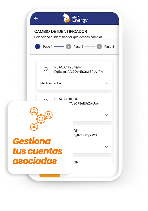 Gestión de cuentas "Pantalla de app móvil con el título 'Cambio de Identificador', mostrando opciones para seleccionar placas vehiculares. Un elemento gráfico superpuesto muestra engranajes con personas y el texto 'Gestiona tus cuentas asociadas', ilustrando la administración de la plataforma para flotas vehiculares.